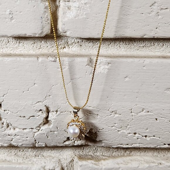 Womens Pearl & Diamond Cubic Zirconia 18kt Gold Necklace 18" - Picture 2 of 4